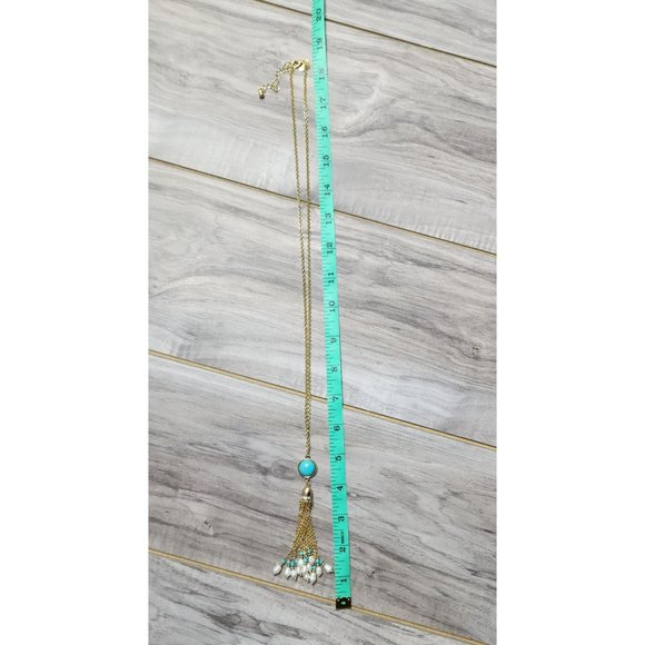 New Chico's Moon stone turquoise tassel white pearl necklace - Picture 8 of 9